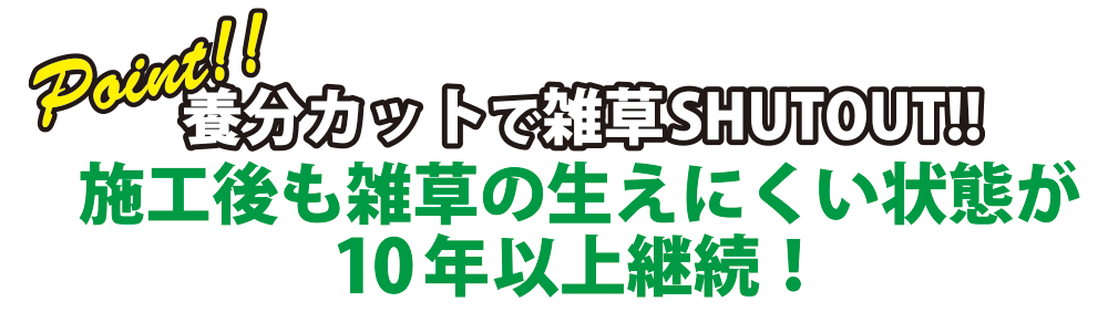 養分カットで雑草SHUTOUT!!
施工後も雑草の生えにくい状態が
10年以上継続！